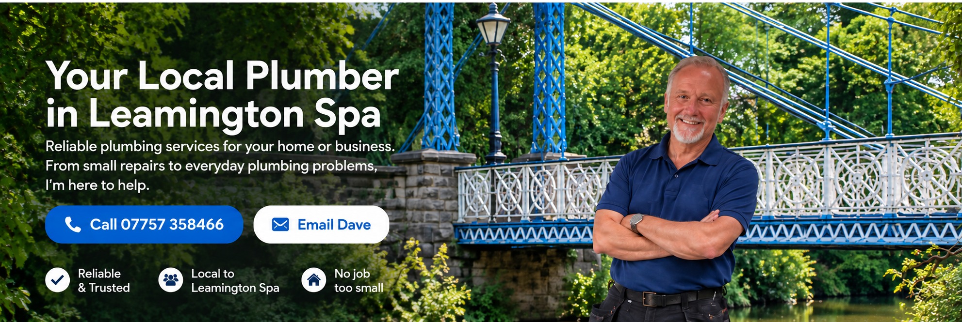 Dave Bates, local Leamington Spa plumber, with Mill Bridge in the background